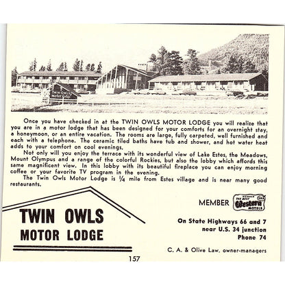 Twin Owls Motor Lodge, The Ranchouse Restaurant Estes Park CO 1958 Ad AG1-H1