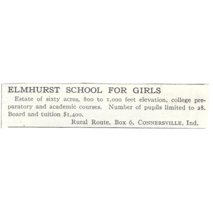 Elmhurst Girls School Connersville IN c1918 Original Advertisement AE5-SA5