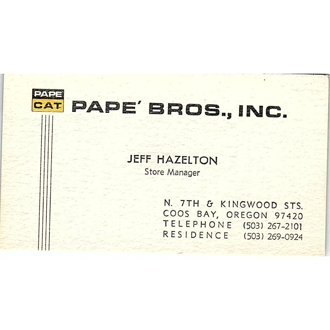 Pape' Bros Inc. Jeff Hazelton Coos Bay Oregon Vintage Business Card SB4-B4