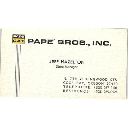 Pape' Bros Inc. Jeff Hazelton Coos Bay Oregon Vintage Business Card SB4-B4