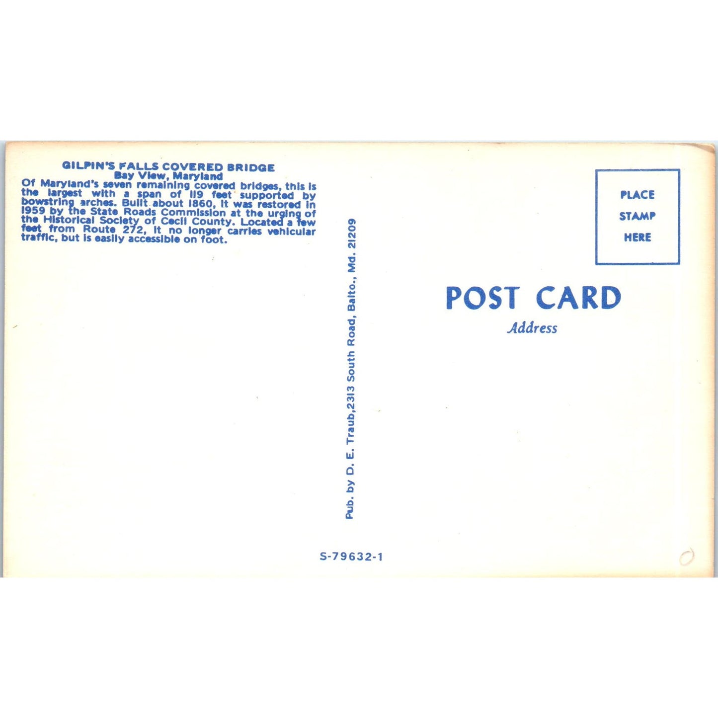 Bay View MD Gilpin's Falls Vintage Covered Bridge Postcard PC12