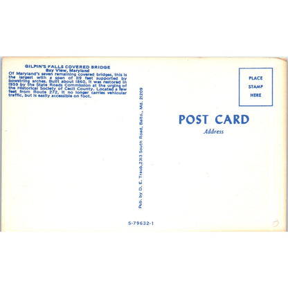 Bay View MD Gilpin's Falls Vintage Covered Bridge Postcard PC12