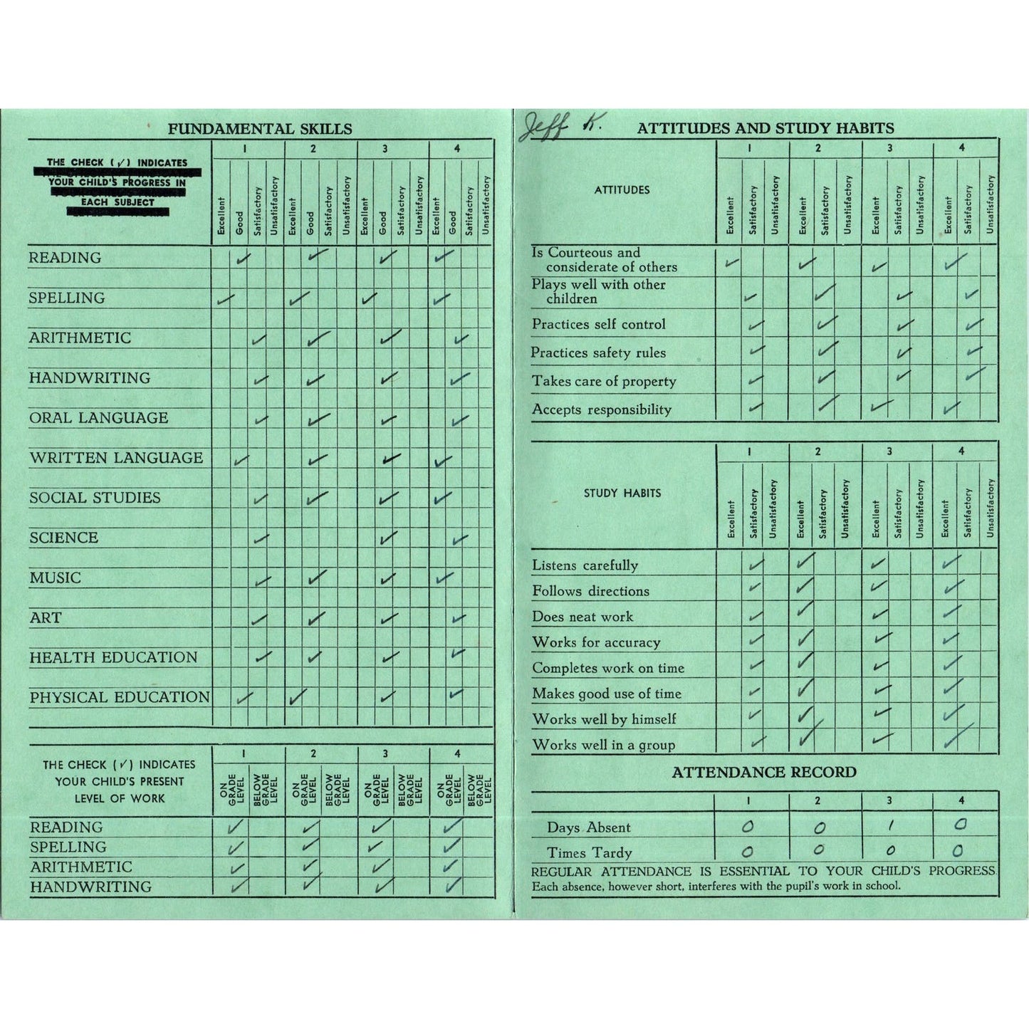 1956-57 Fresno City Schools Fresno CA Report Card Jeffrey Kormos Grade 6 AB9