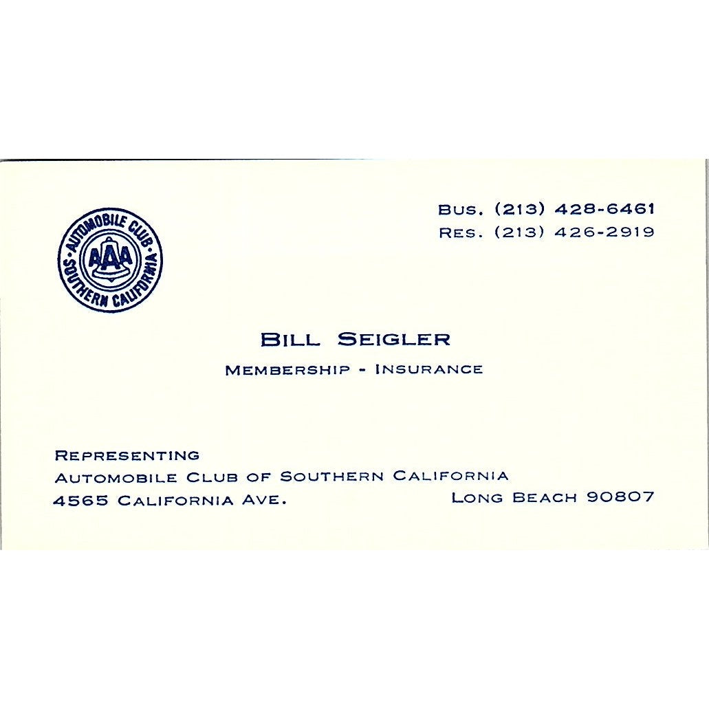 Bill Seigler AAA Automobile Club of Southern CA Long Beach Business Card SE3-B15