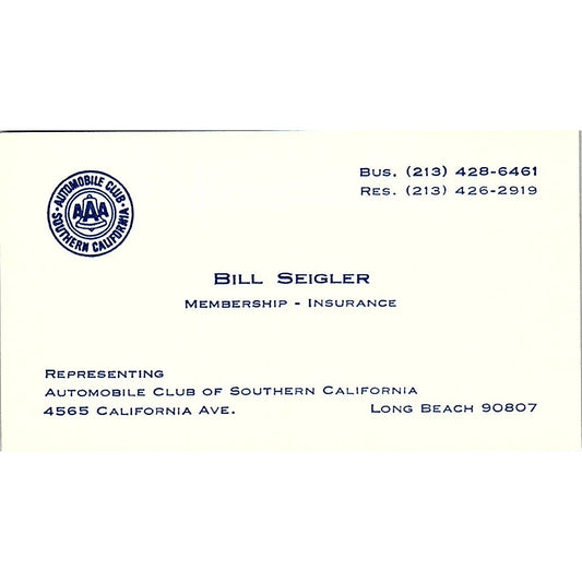 Bill Seigler AAA Automobile Club of Southern CA Long Beach Business Card SE3-B15