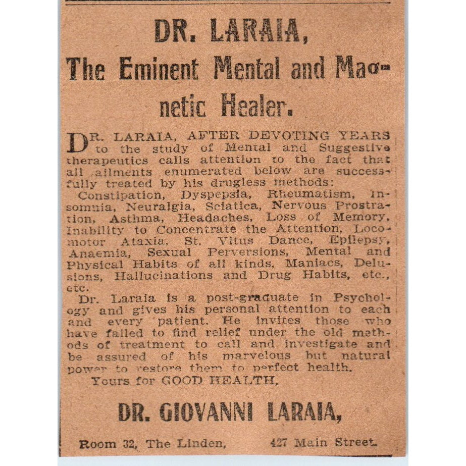 Dr. Giovanni Laraia Mental & Magnetic Healer Hartford 1901 Newspaper Ad AD8-HS5