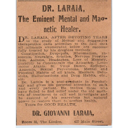 Dr. Giovanni Laraia Mental & Magnetic Healer Hartford 1901 Newspaper Ad AD8-HS5