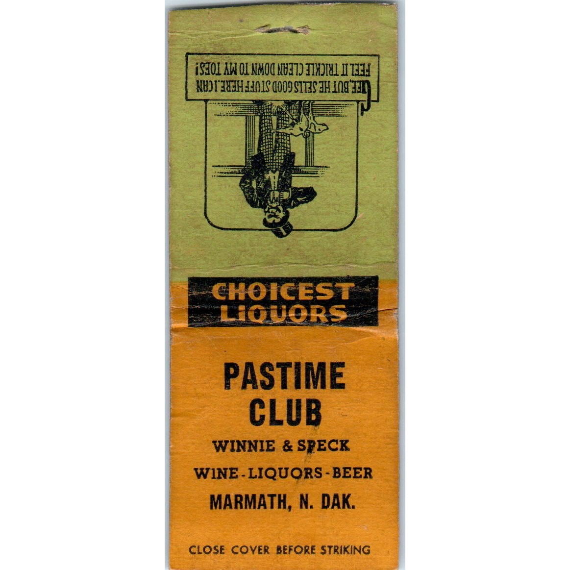 Pastime Club Marmarth North Dakota Winnie & Speck Vtg Matchbook Cover SD2-Y15