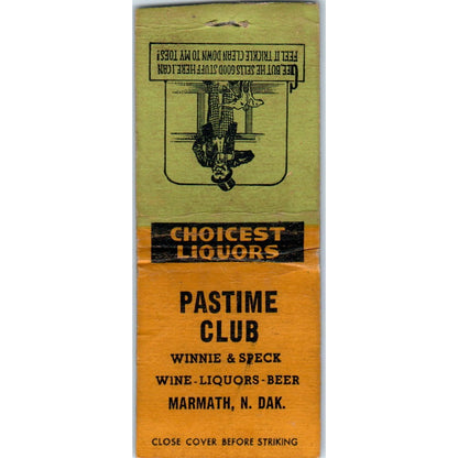 Pastime Club Marmarth North Dakota Winnie & Speck Vtg Matchbook Cover SD2-Y15