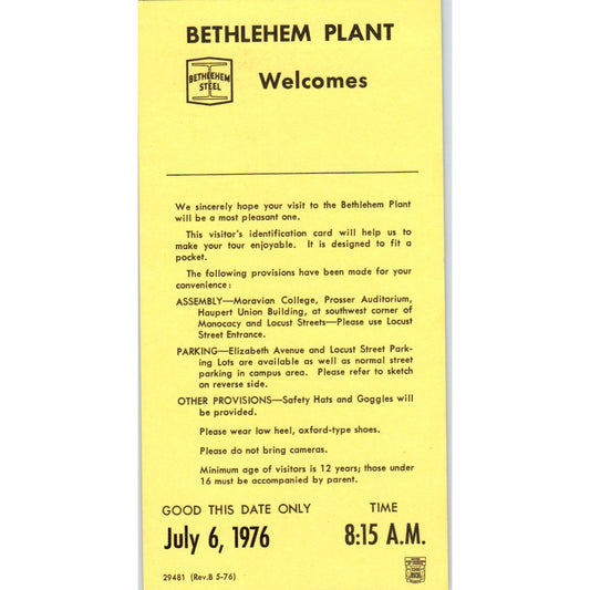 1976 July - Bicentennial Bethlehem Steel Plant Stub and Map TH9-SX2