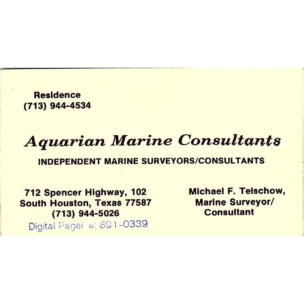 Aquarian Marine Consultants Michael F Telschow Houston Vtg Business Card SC9-B7