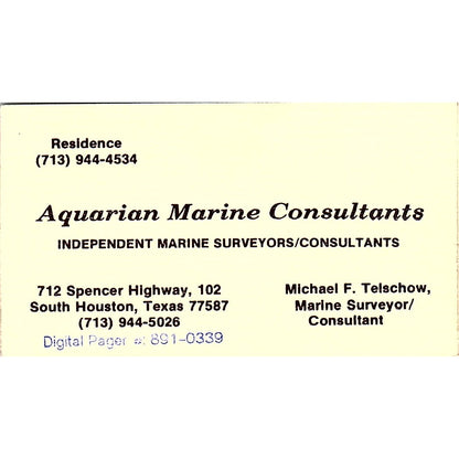 Aquarian Marine Consultants Michael F Telschow Houston Vtg Business Card SC9-B7