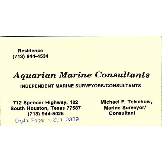 Aquarian Marine Consultants Michael F Telschow Houston Vtg Business Card SC9-B7