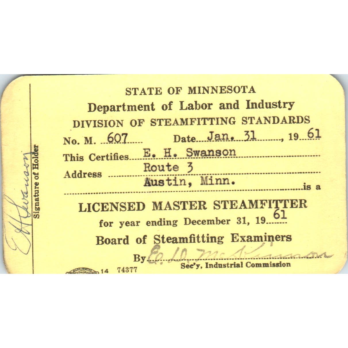 1961 Department of Labor Master Steamfitter Card E.H. Swanson Austin MN AD7