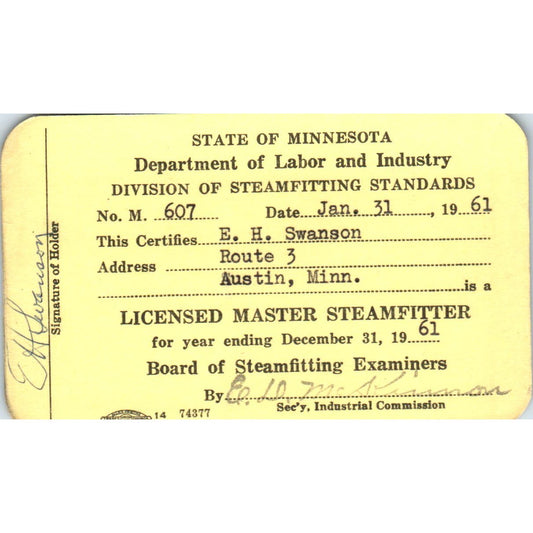 1961 Department of Labor Master Steamfitter Card E.H. Swanson Austin MN AD7