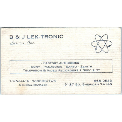 B&J Lek-Tronic Service Ronald D. Harrington Tulsa Vintage Business Card SD8-B5