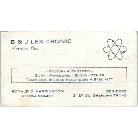 B&J Lek-Tronic Service Ronald D. Harrington Tulsa Vintage Business Card SD8-B5