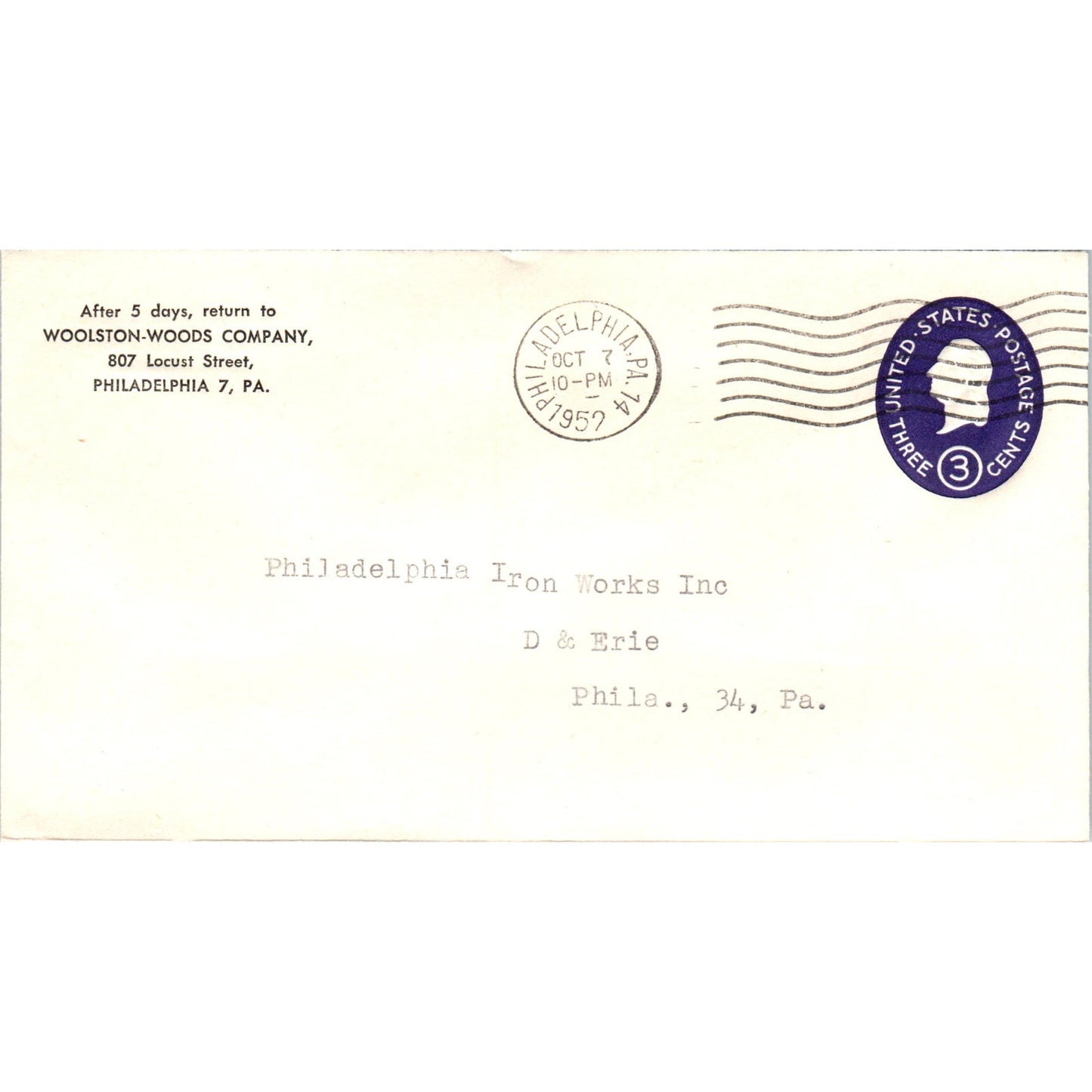 1952 Woolston-Woods Co to Philadelphia Iron Works Postal Cover Envelope TG7-PC3