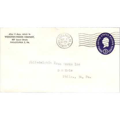 1952 Woolston-Woods Co to Philadelphia Iron Works Postal Cover Envelope TG7-PC3