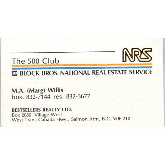 M.A. Marg Willis Block Bros Real Estate Salmon Arm BC Vtg Business Card SD8-B2