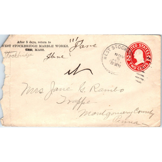 1914 West Stockbridge Marble Works Co Lee MA Postal Cover Envelope TG7-PC2