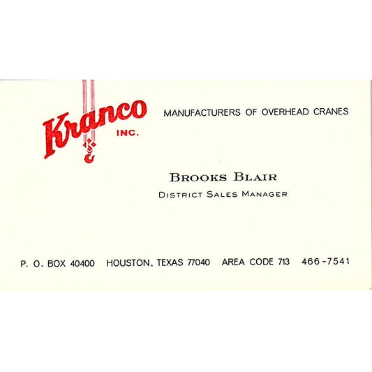Kranco Inc. Brooks Blair Houston Texas Vintage Business Card SB4-B4