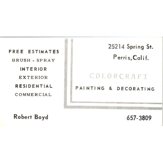 Colorcraft Painting & Decorating Robert Boyd Perris CA Vtg Business Card SD8-B14