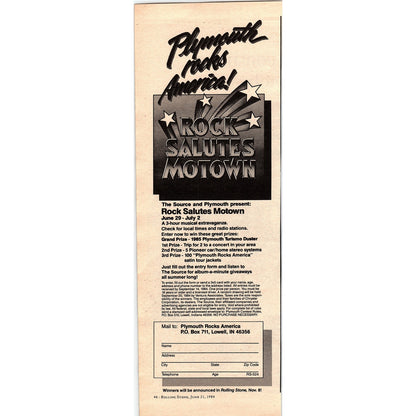 Plymouth Rock Salutes Motown The Source Lowell IN 1984 Ad V14-7