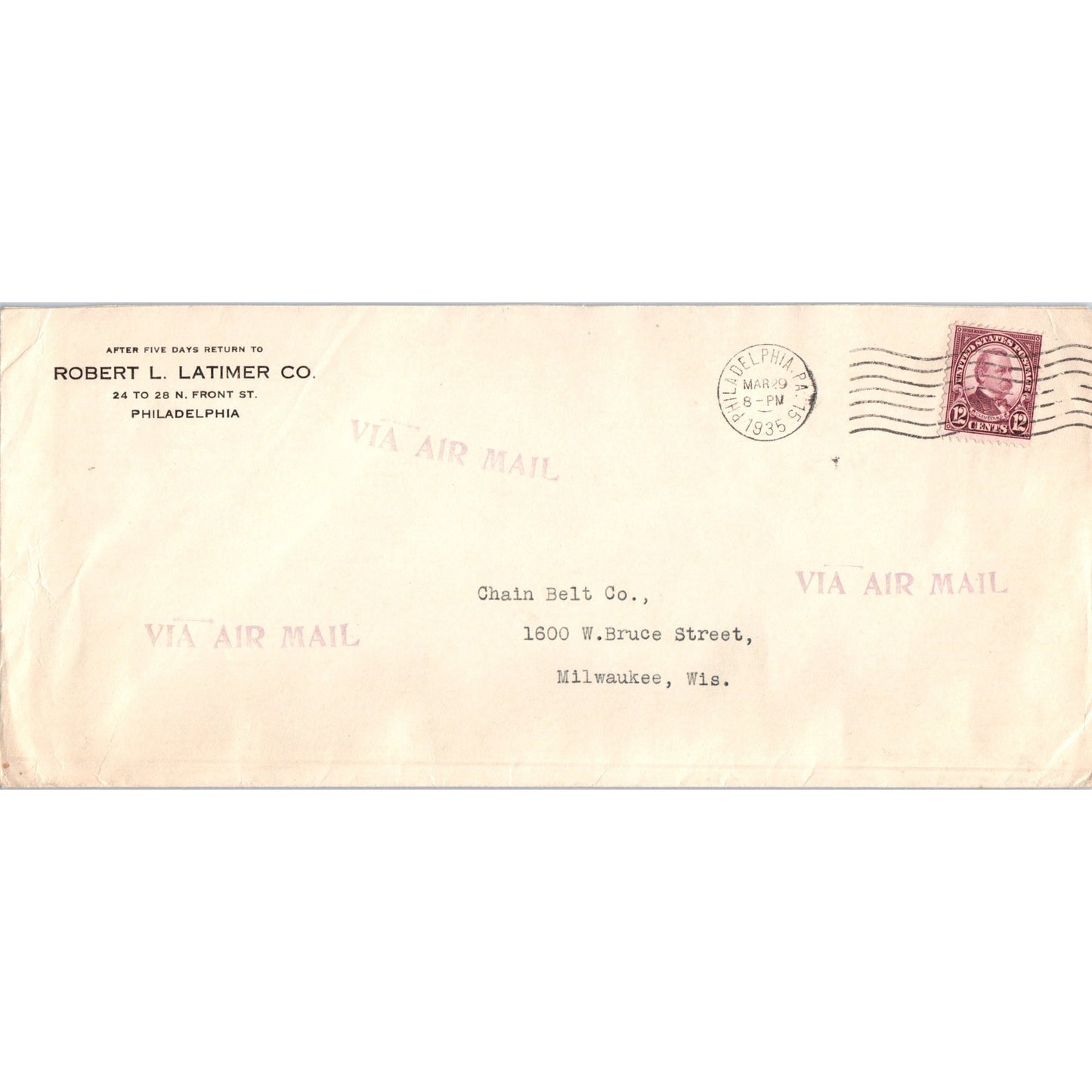 1935 Robert L Latimer Co To Chain Belt Co Milwaukee Postal Cover Envelope TH9-L2