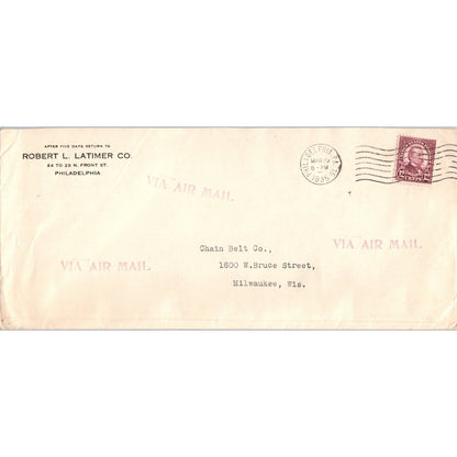 1935 Robert L Latimer Co To Chain Belt Co Milwaukee Postal Cover Envelope TH9-L2