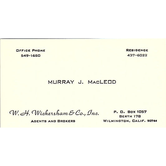Murray J MacLeod W.H. Wickersham & Co Inc Wilmington CA Business Card SE3-B15