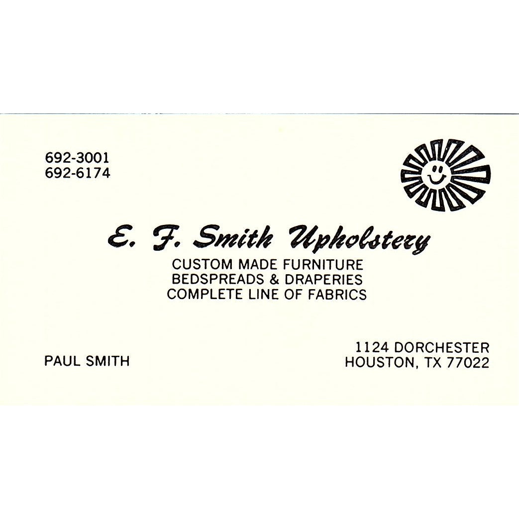 E.F Smith Upholstery Paul Smith Houston TX Vintage Business Card SF3-B6