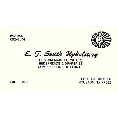 E.F Smith Upholstery Paul Smith Houston TX Vintage Business Card SF3-B6