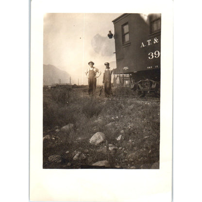 Antique Photograph of 2 Railroad Workers Standing Aside A.T & S.F. Train AF2-A4