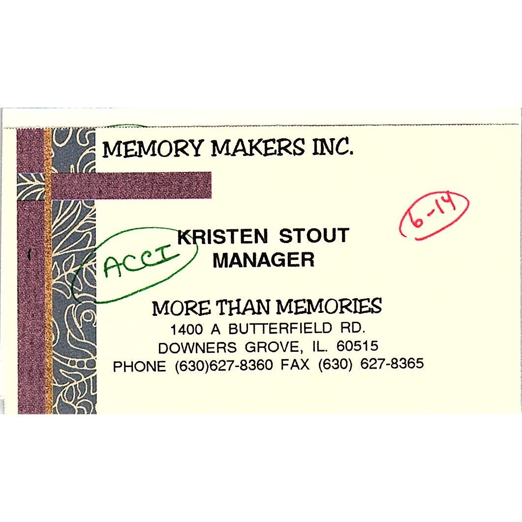 Kristen Stout Memory Makers Inc Downers Grove IL Vintage Business Card SC9-B9