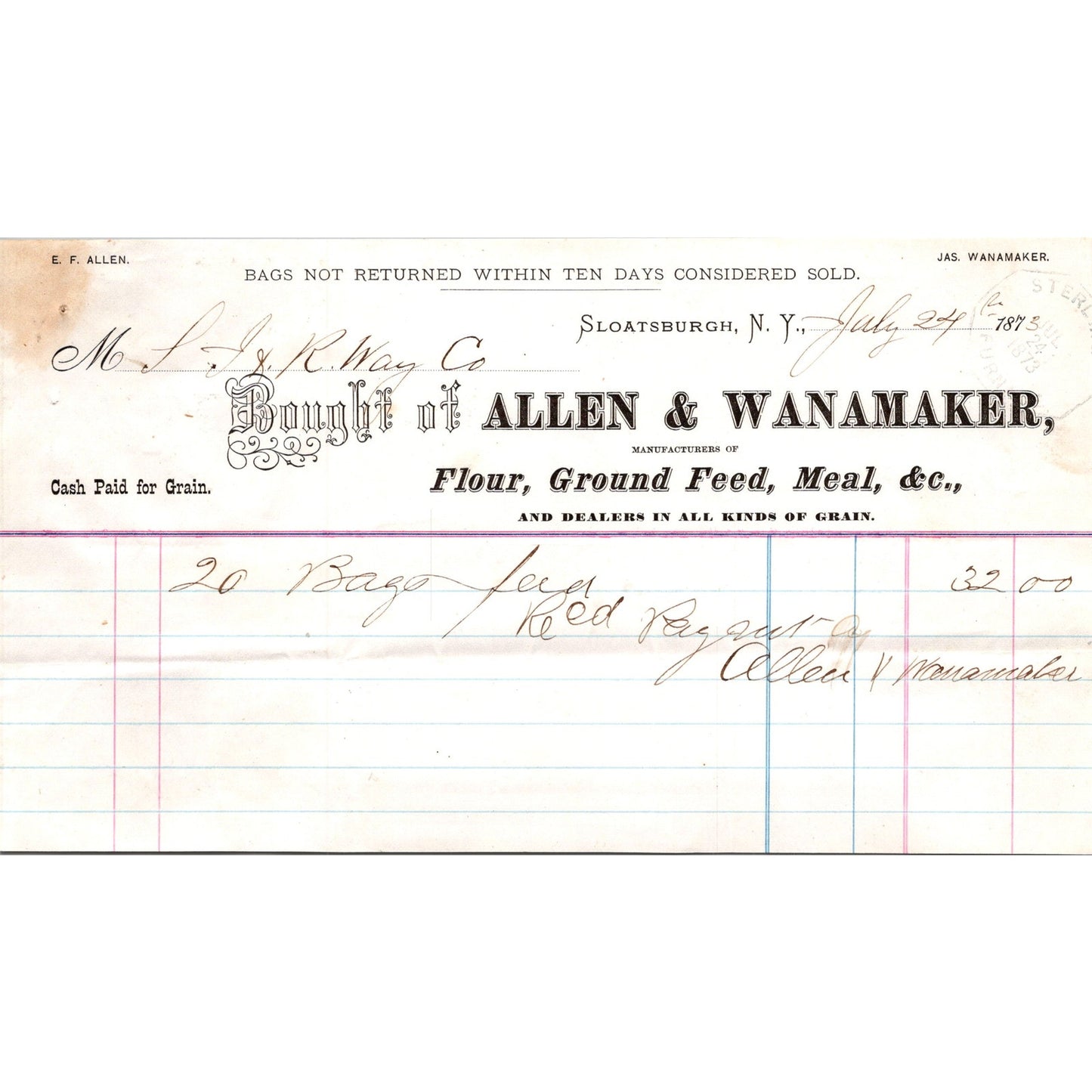 E.F. Allen & Wanamaker Dry Goods Sloatsburg NY 1873 Billhead & Receipt C30