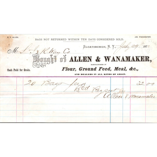 E.F. Allen & Wanamaker Dry Goods Sloatsburg NY 1873 Billhead & Receipt C30