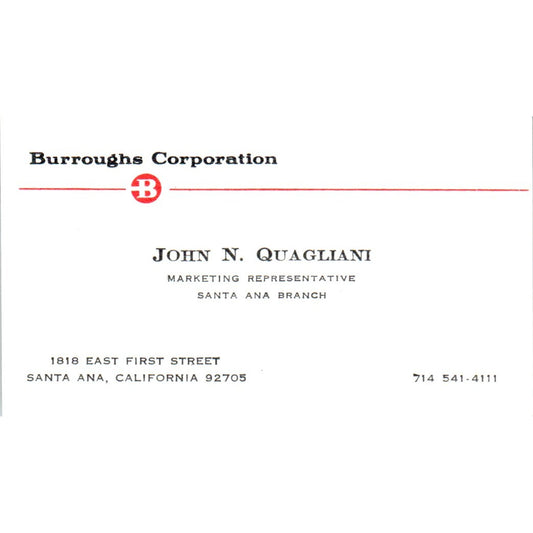 John N. Quagliani Burroughs Corporation Santa Ana Vintage Business Card SE3-B3