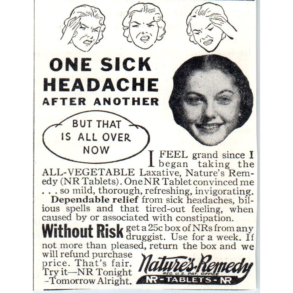 Nature's Remedy Headache Tablets 1930s Magazine Advertisement AE4-I1