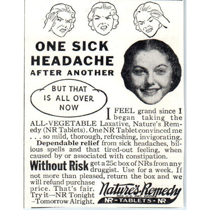 Nature's Remedy Headache Tablets 1930s Magazine Advertisement AE4-I1