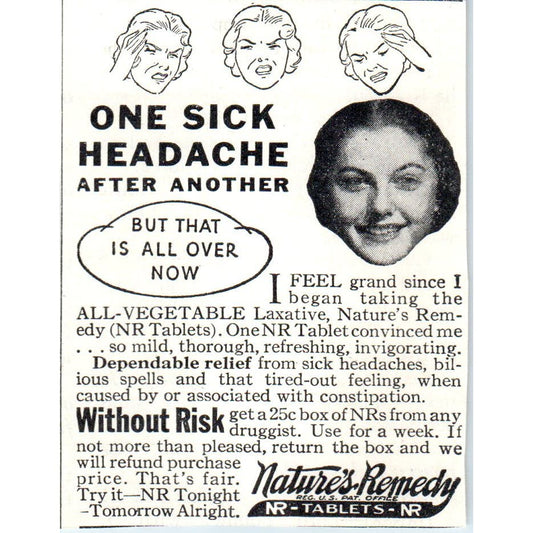 Nature's Remedy Headache Tablets 1930s Magazine Advertisement AE4-I1
