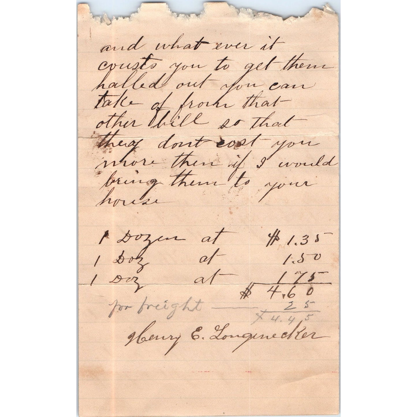 1890 Original Handwritten Letter Mt. Joy PA Henry E. Longenecker D18