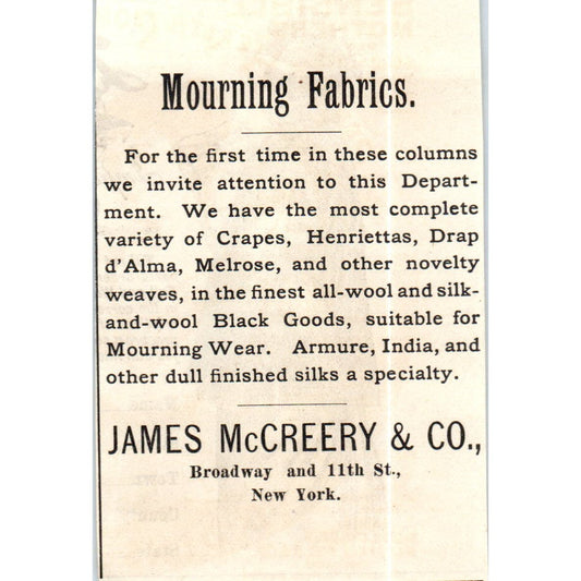 Mourning Fabrics - James McCreery & Co NY c1890 Victorian Ad AE8-CH6