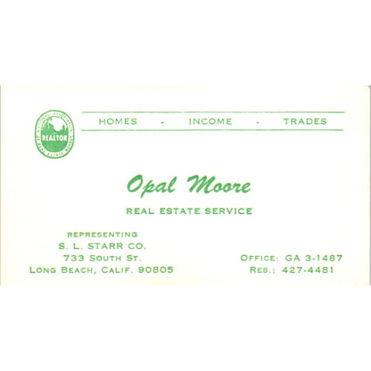 Opal Moore Real Estate S.L. Starr Co Long Beach CA Vintage Business Card SD8-B1