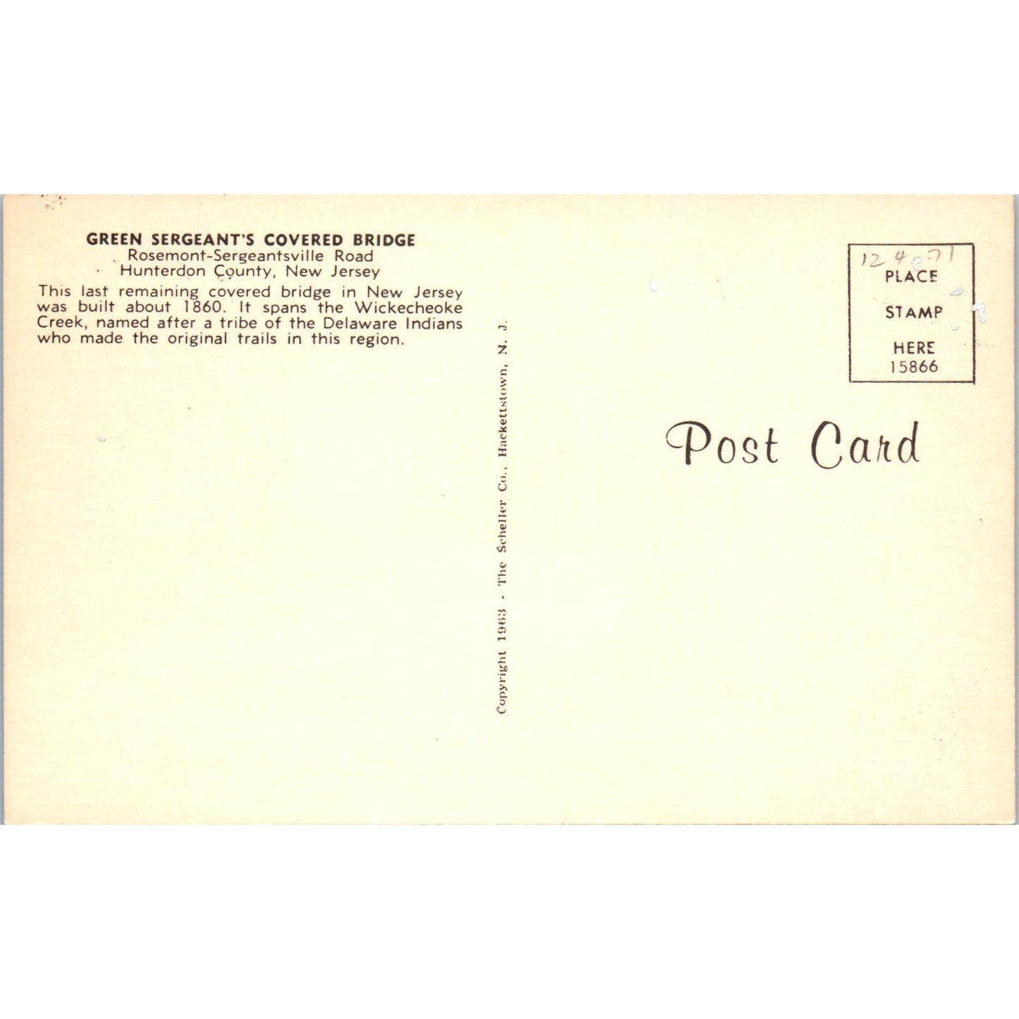 Green Sergeant's Covered Hunterdon County NJ Vintage Covered Bridge Postcard PD3