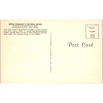 Green Sergeant's Covered Hunterdon County NJ Vintage Covered Bridge Postcard PD3