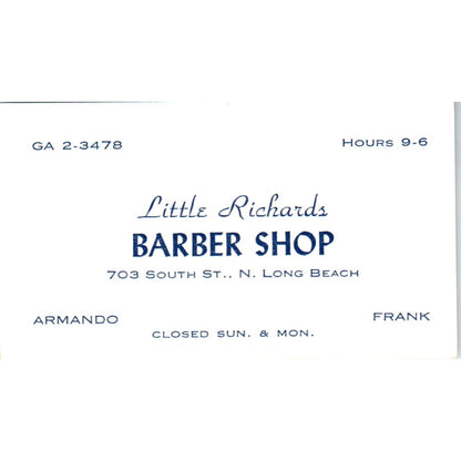Little Richards Barber Shop Frank & Armando Long Beach Vtg Business Card SD8-B9