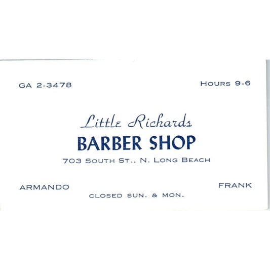 Little Richards Barber Shop Frank & Armando Long Beach Vtg Business Card SD8-B9