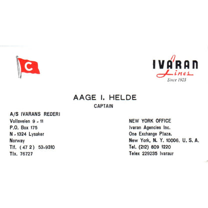 Ivaran Lines Aage I. Helde Captain Norway Vintage Business Card SD8-B18