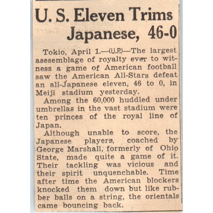 American Football Stars Defeat All Japanese Team 1935 News Article AE7-H2
